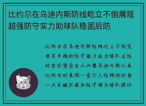 比约尔在乌迪内斯防线屹立不倒展现超强防守实力助球队稳固后防