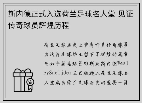 斯内德正式入选荷兰足球名人堂 见证传奇球员辉煌历程